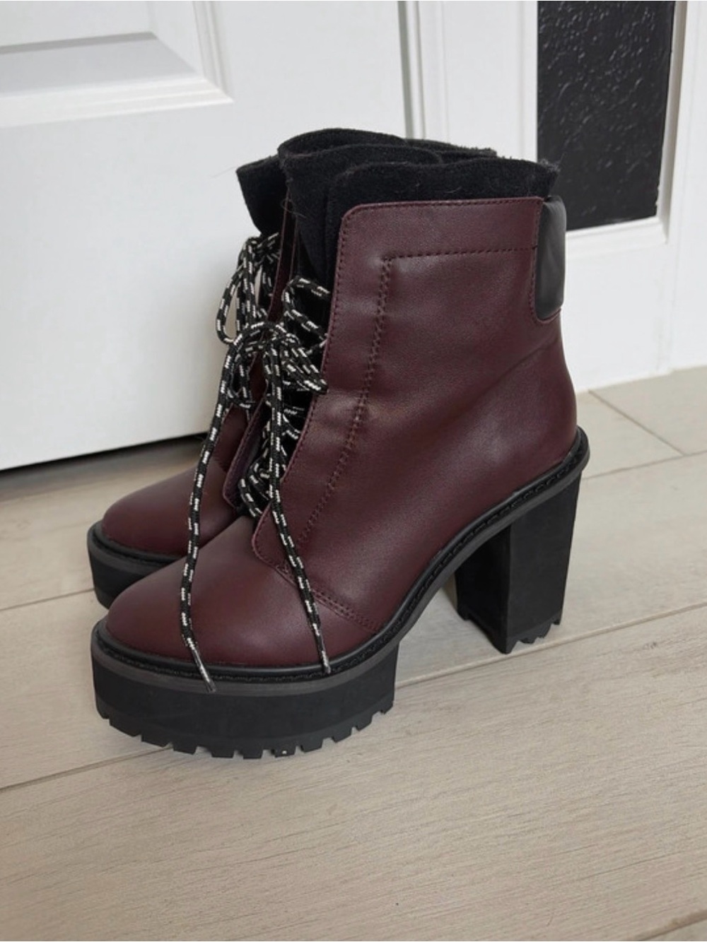 Shellys London Burgundy Lace-Up Chunky Heel Ankle Boots
